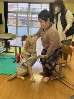 ウイと握手（お手）をする幼児
